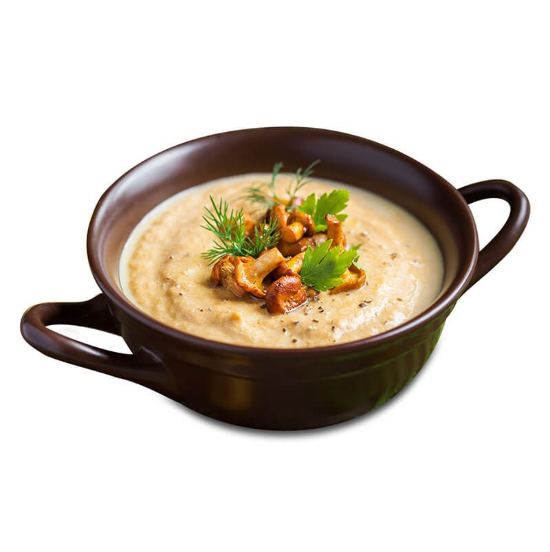 Pumpkin creamy soup with freeze-dried and frozen chanterelles
